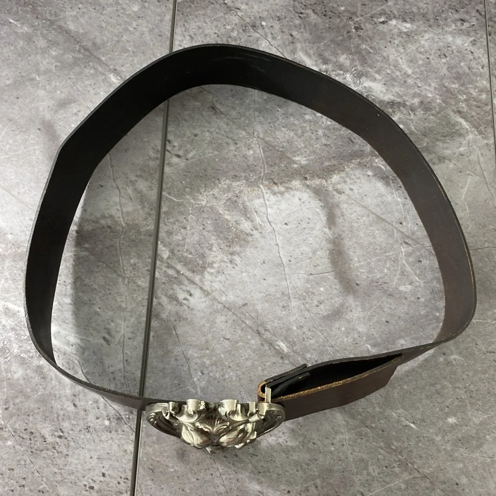 Vintage J.S.S. Elche Belt Face Brown Silver Leather‎ Large Metal Buckle Dragon